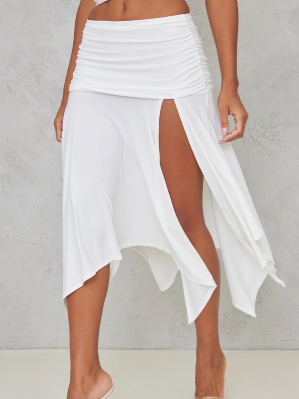 Pretty Little Thing White Soft Touch Ruched Asymmetric Midi Skirt